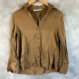 Zara Blouse Womens XS Brown Long Sleeve Collared Button-Up Shirt V-Neck Shiny